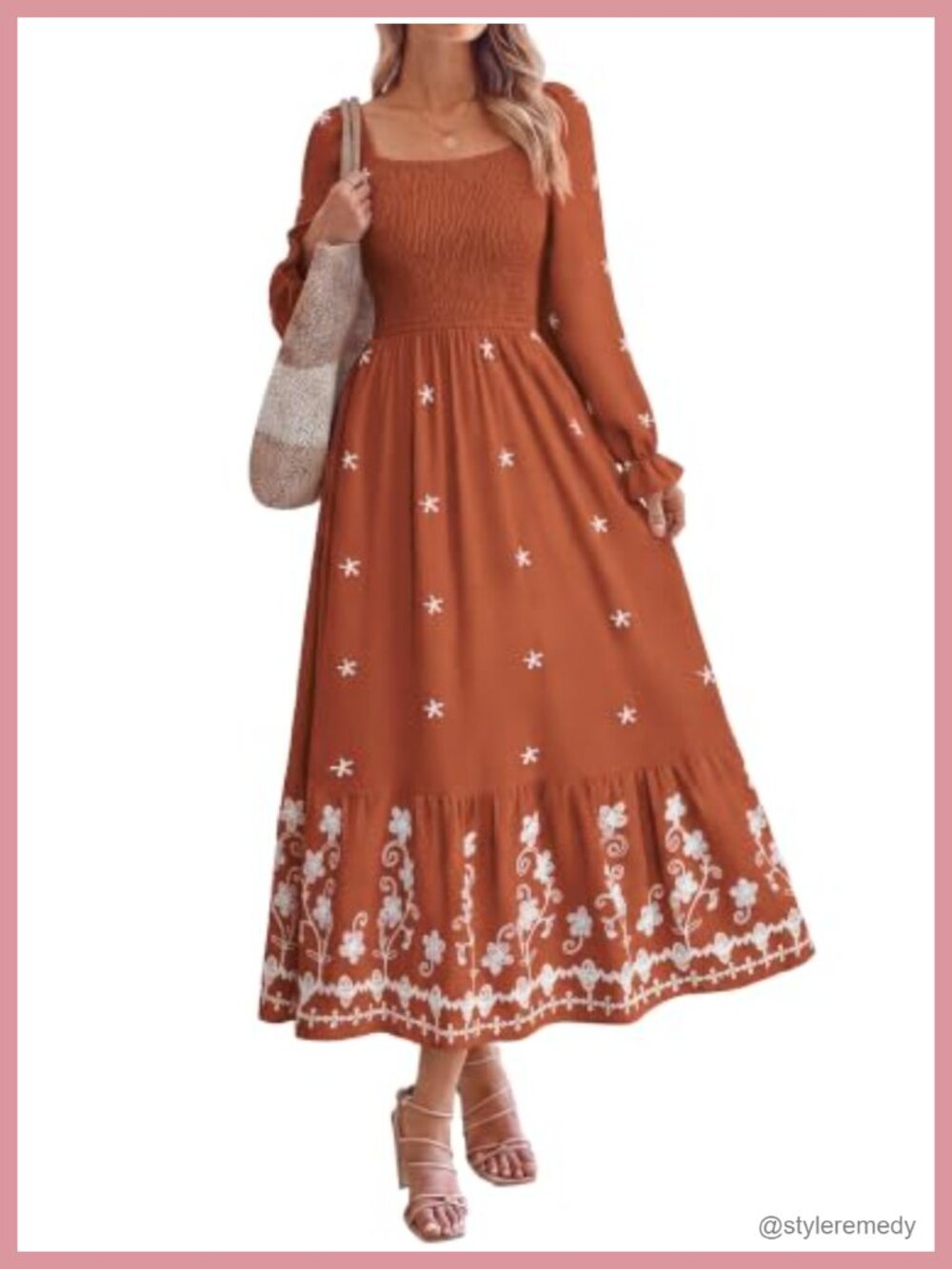 Boho Maxi Dress Square Neck Floral Embroidery Smocked Long Sleeve A-Line